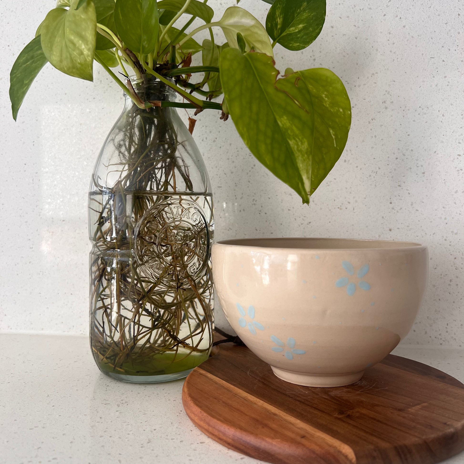 Glass vase with plant and ceramic bowl with floral design on a wooden board against a light background